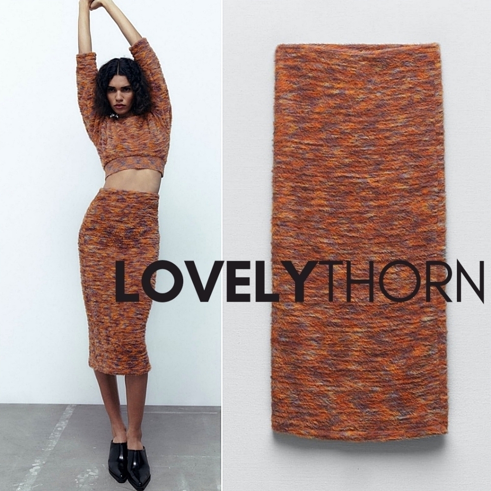 ZARA // multicolored super soft faux fur stretch high rise midi pencil skirt